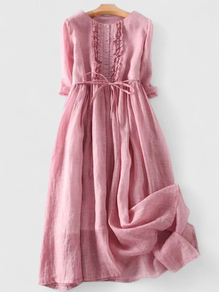 Grace | Midi Dress Lace-Up Back Cotton Linen Three Quarter Sleeve