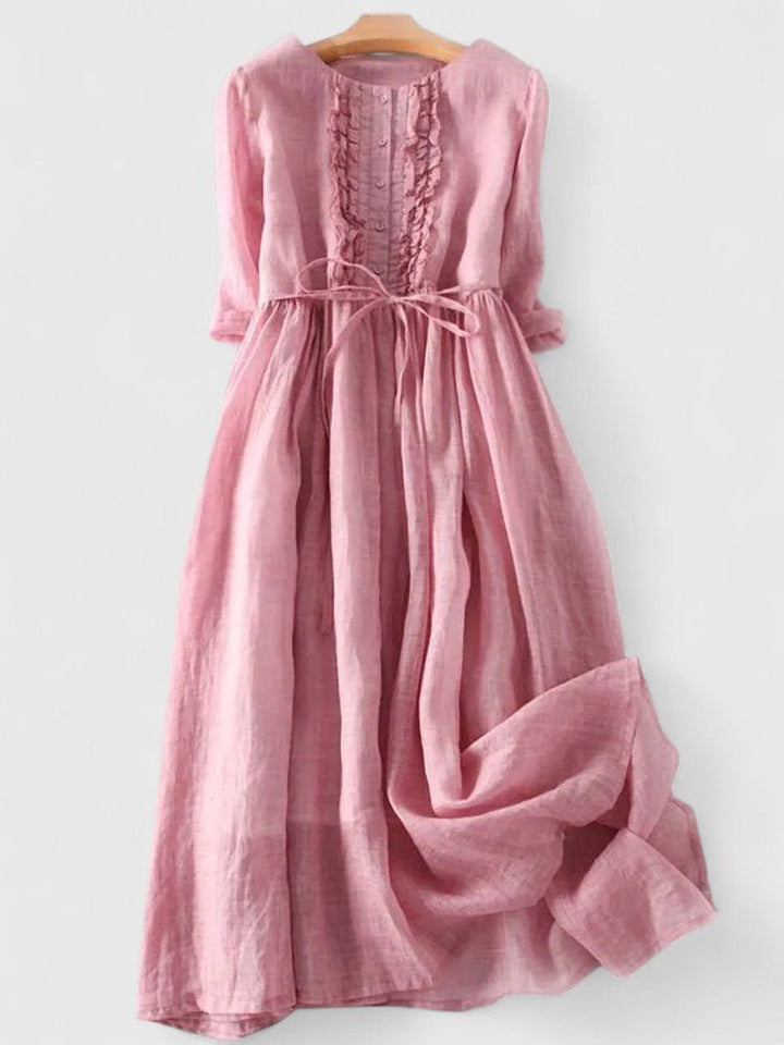 Grace | Midi Dress Lace-Up Back Cotton Linen Three Quarter Sleeve