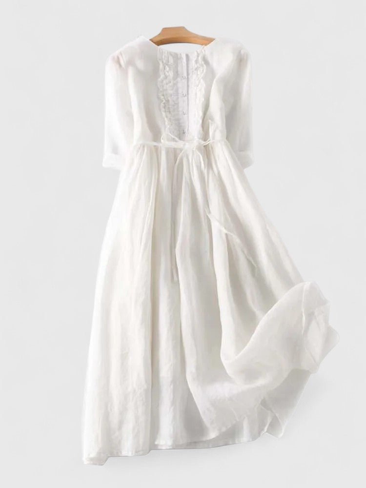 Grace | Midi Dress Lace-Up Back Cotton Linen Three Quarter Sleeve