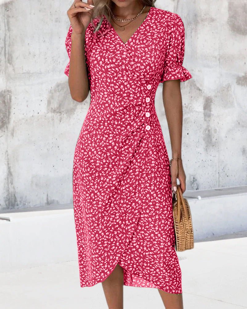 Olivia | Midi Wrap Dress V-Neck Floral Print Button Side