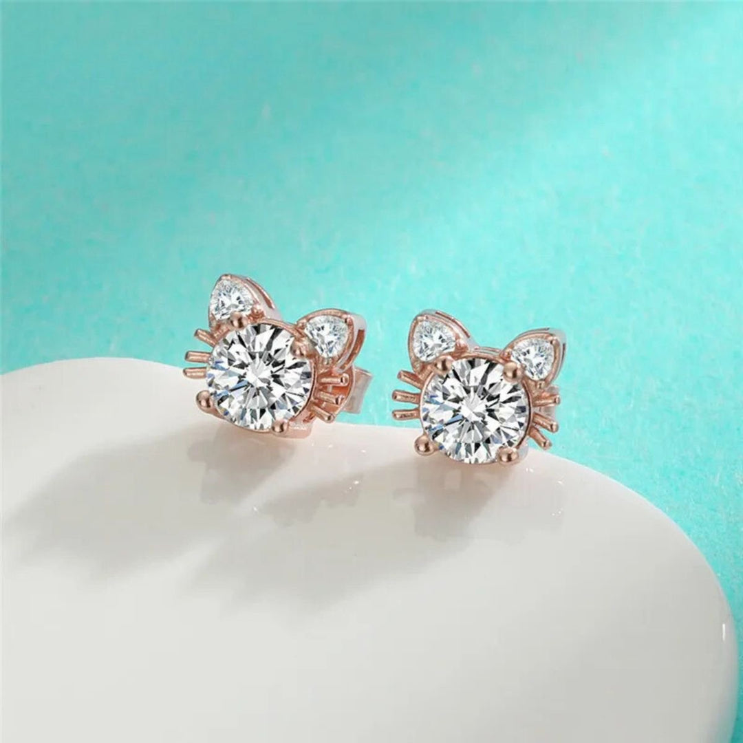 Moissanite Pink Gold Cat Stud Earrings in Sterling Silver