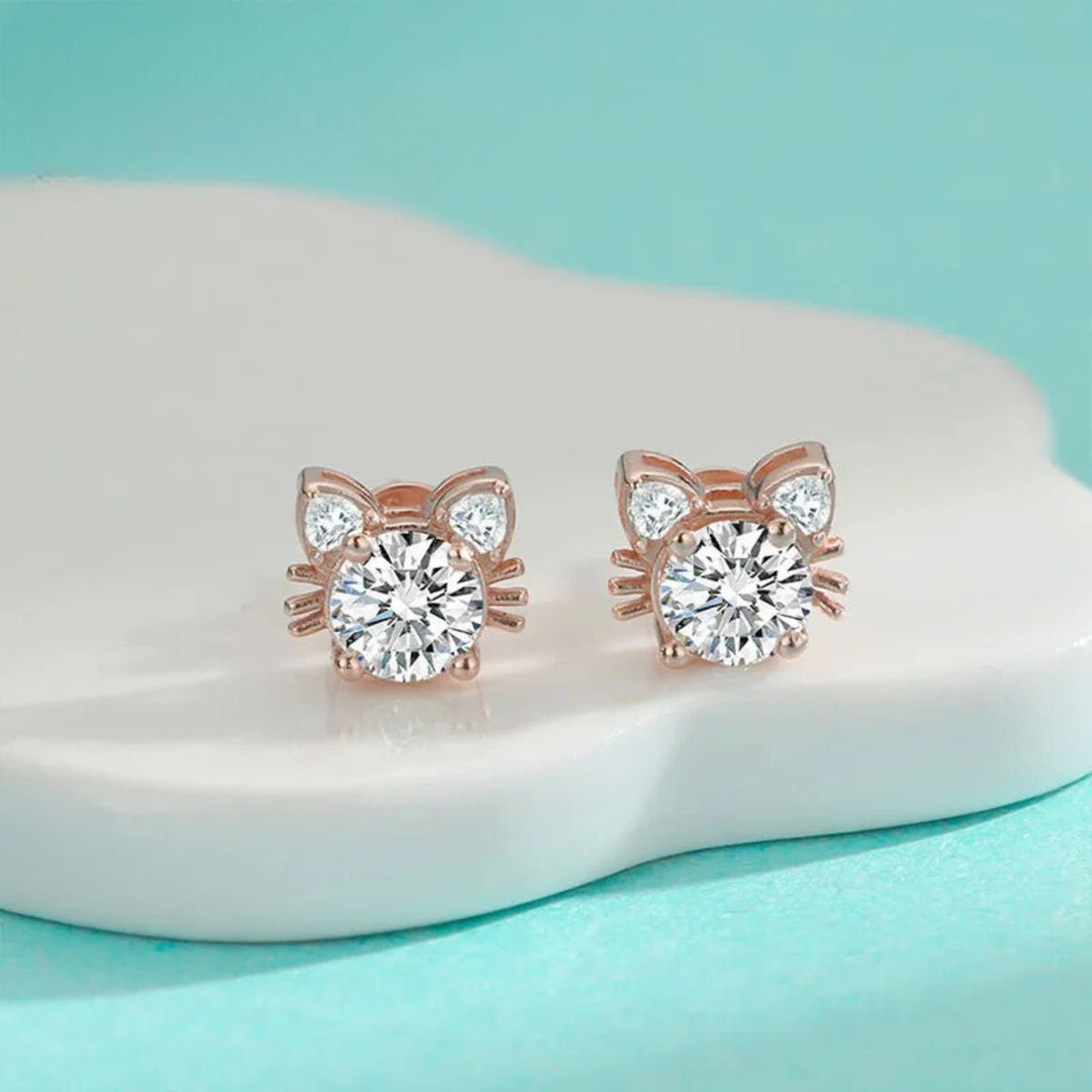 Moissanite Pink Gold Cat Stud Earrings in Sterling Silver