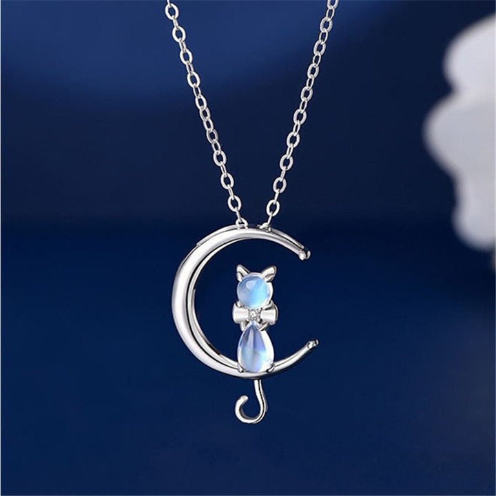 Moonstone Crescent Moon and Cat Necklace