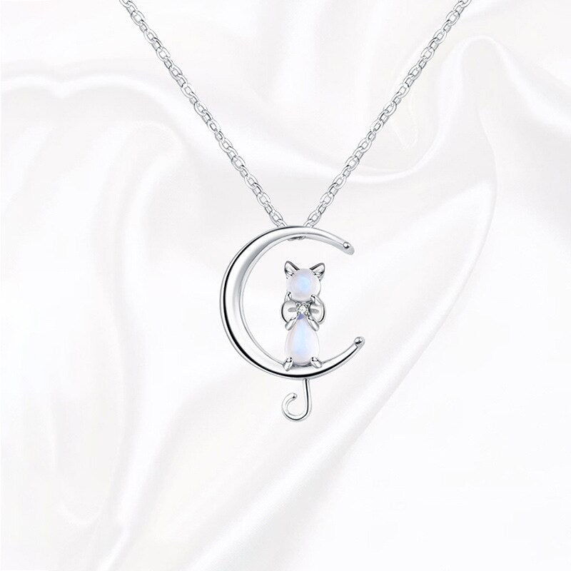 Moonstone Crescent Moon and Cat Necklace