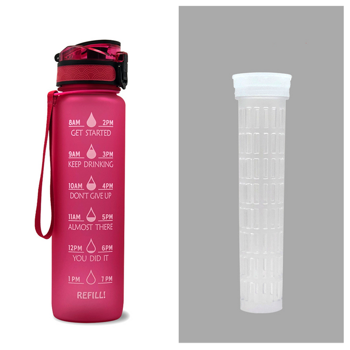 Motivational Sports Water Bottle with Fruit Infuser Time Markers and Flip-Top Lid 32 Oz