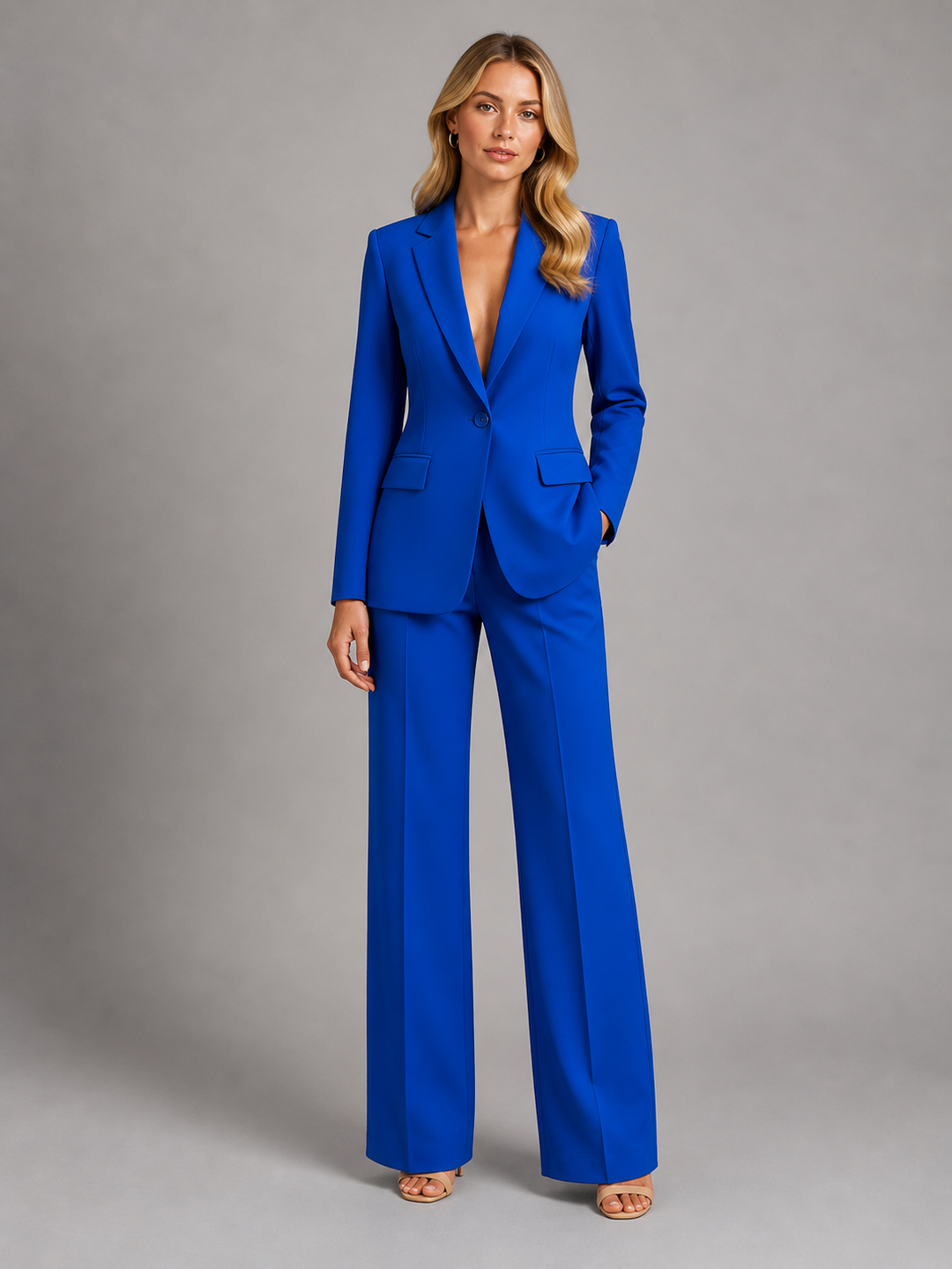 Women's Two-Piece Trouser Suit with Blazer and Wide-Leg Pants.