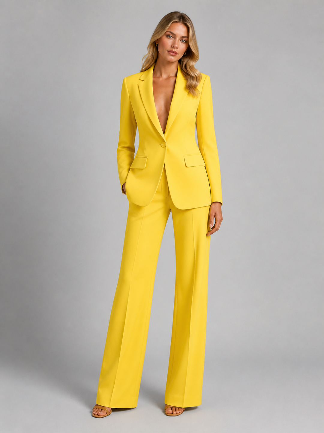 Women's Two-Piece Trouser Suit with Blazer and Wide-Leg Pants.