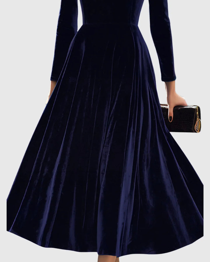 Navy Long-Sleeve Velvet Midi Dress