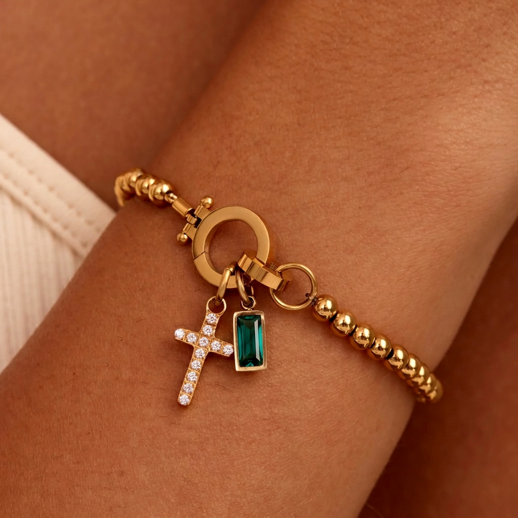 Nova Bead Birthstone Bracelet with Cross Pendant
