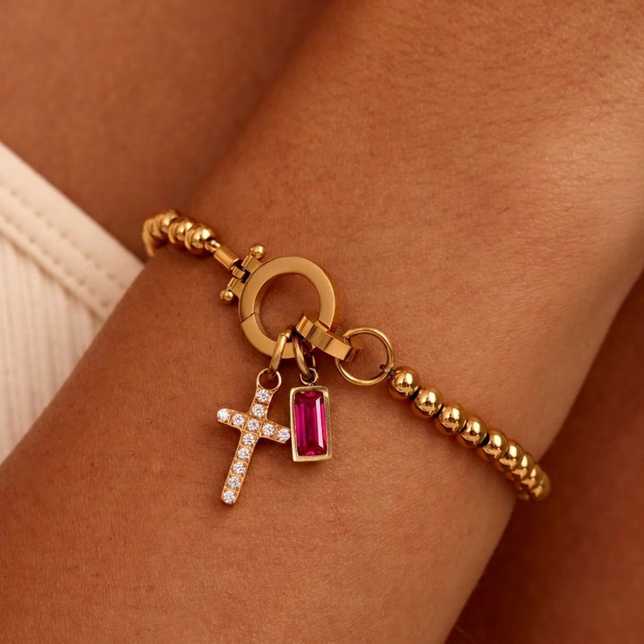 Nova Bead Birthstone Bracelet with Cross Pendant