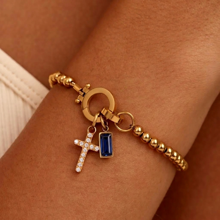 Nova Bead Birthstone Bracelet with Cross Pendant