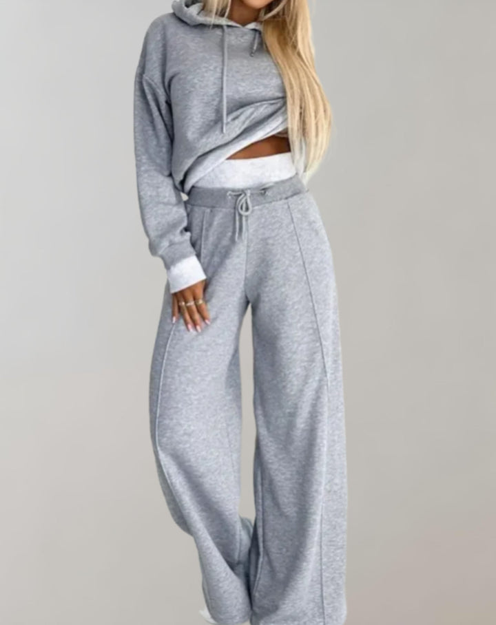 Women's 2-Piece Hoodie and Wide-Leg Pants Set – Cotton Blend Loungewear