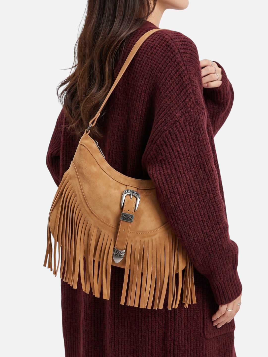 Women's Faux Suede Fringe Shoulder Bag with Buckle