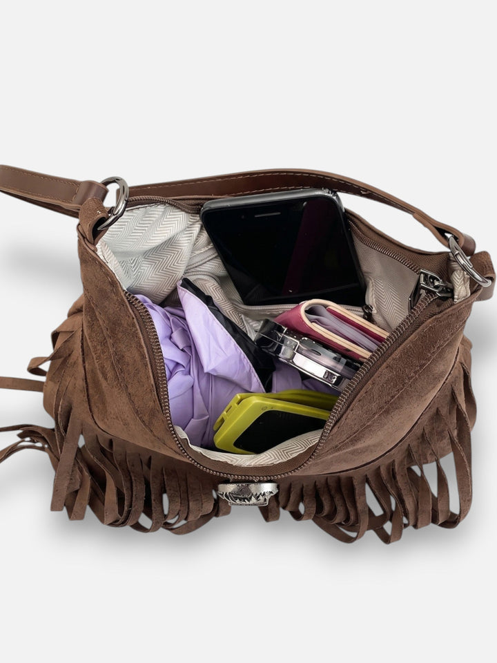 Women's Faux Suede Fringe Shoulder Bag with Buckle