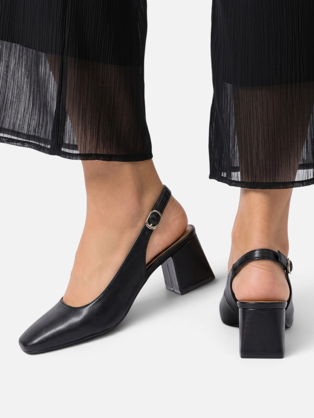 Women's Leather Square-Toe Slingback Pumps with Block Heel