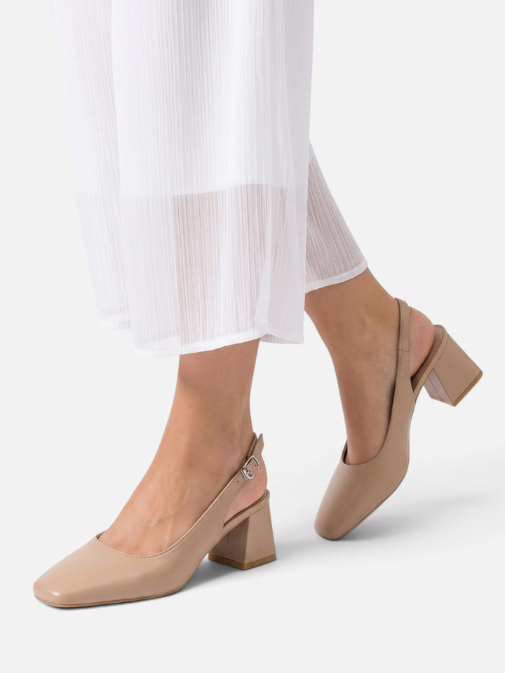 Women's Leather Square-Toe Slingback Pumps with Block Heel