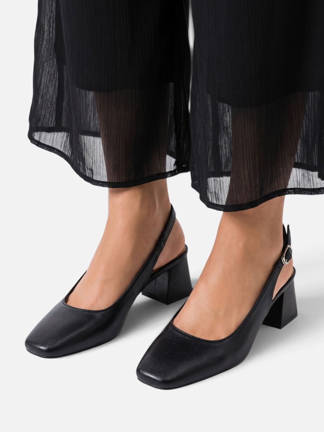 Women's Leather Square-Toe Slingback Pumps with Block Heel