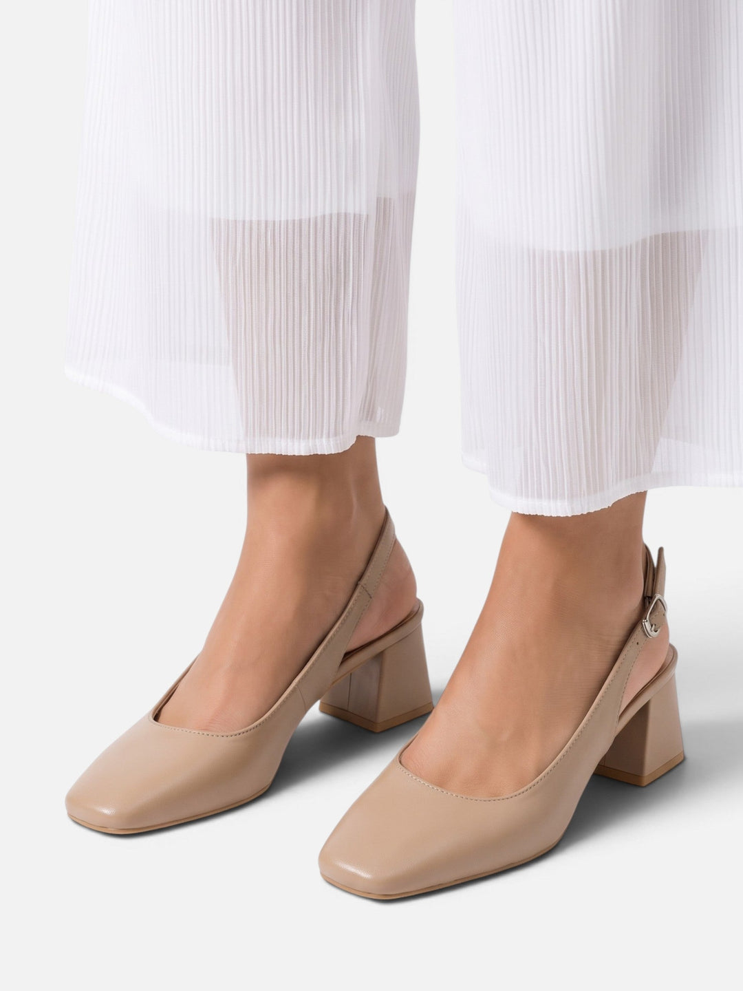 Women's Leather Square-Toe Slingback Pumps with Block Heel