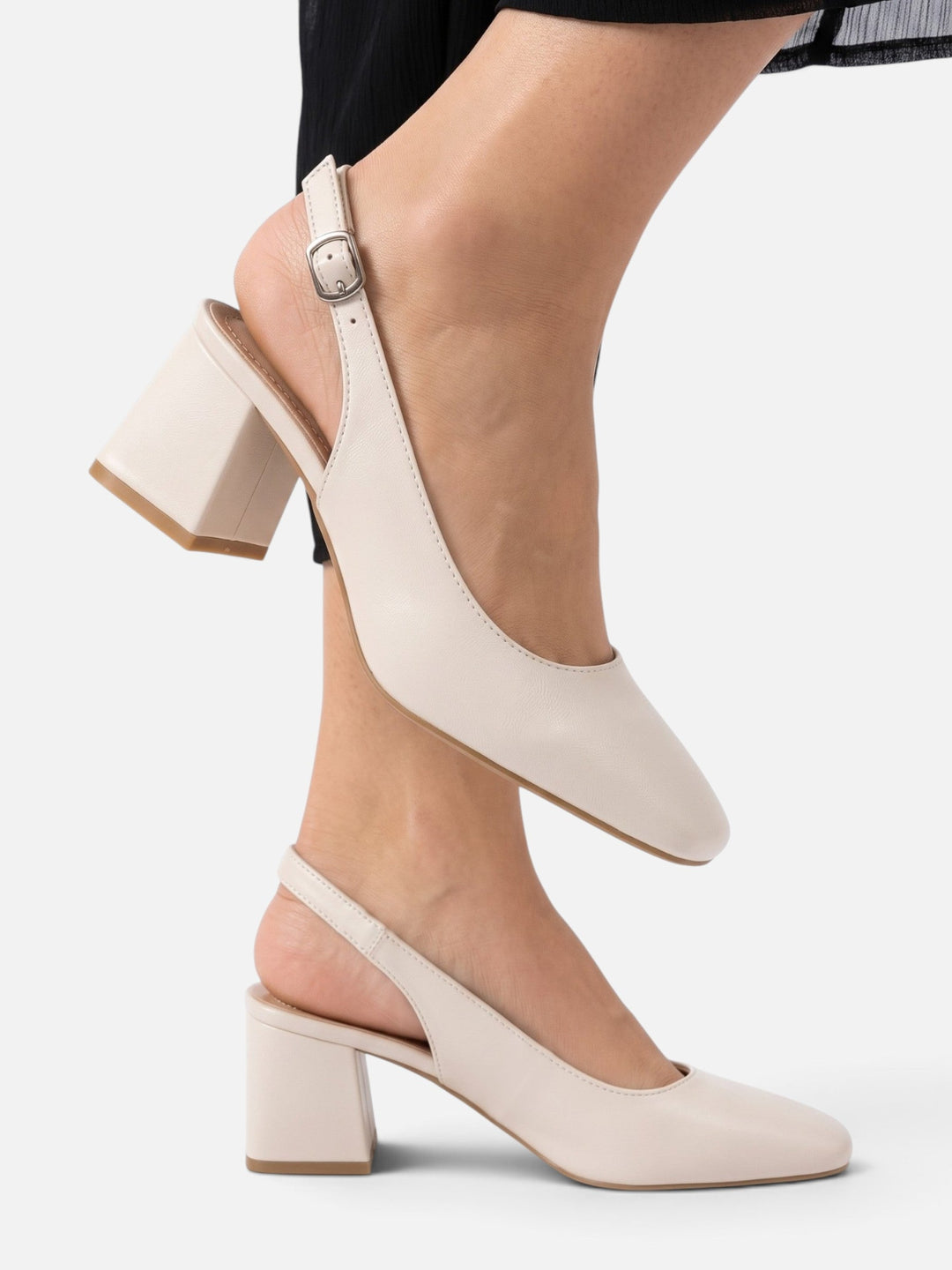 Women's Leather Square-Toe Slingback Pumps with Block Heel