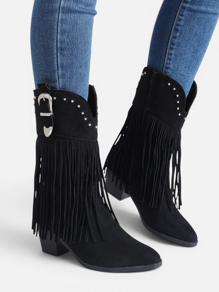 Women's Faux Suede Fringe Cowboy Boots with Studs
