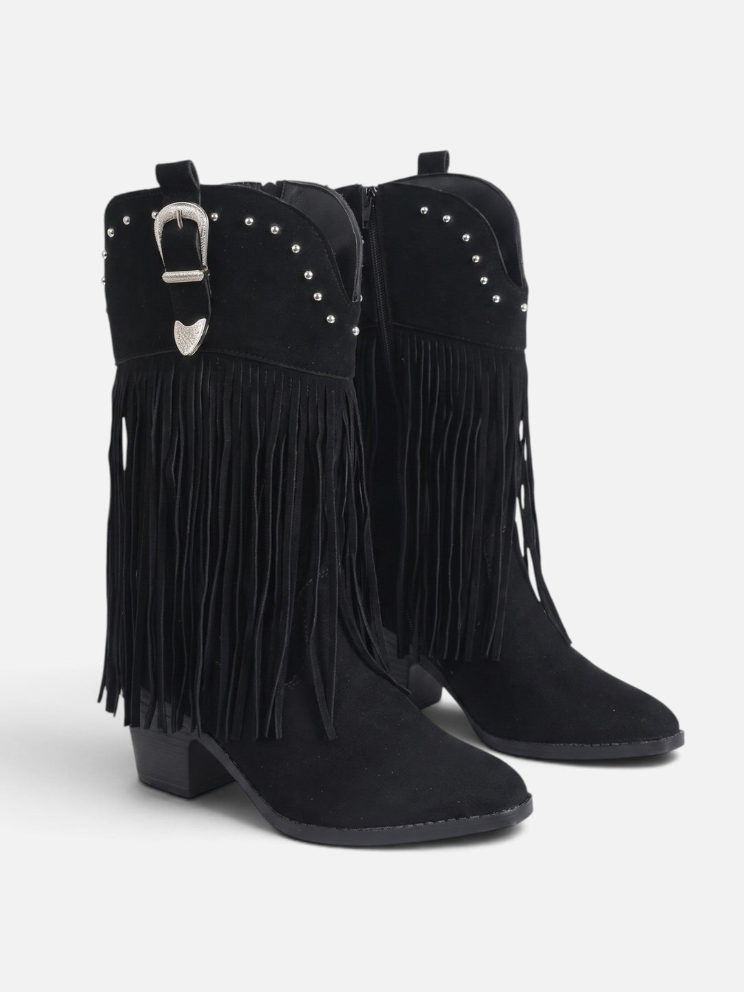 Women's Faux Suede Fringe Cowboy Boots with Studs