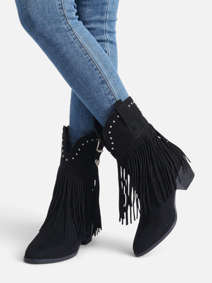 Women's Faux Suede Fringe Cowboy Boots with Studs