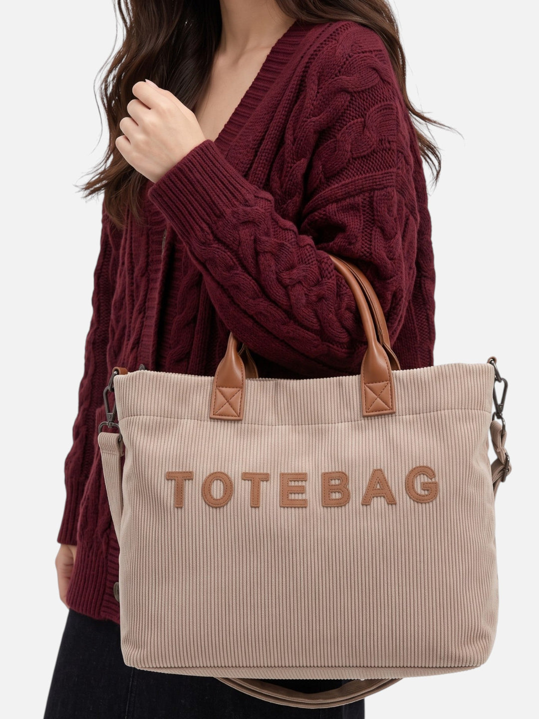 Women's Corduroy Lettering Tote Bag