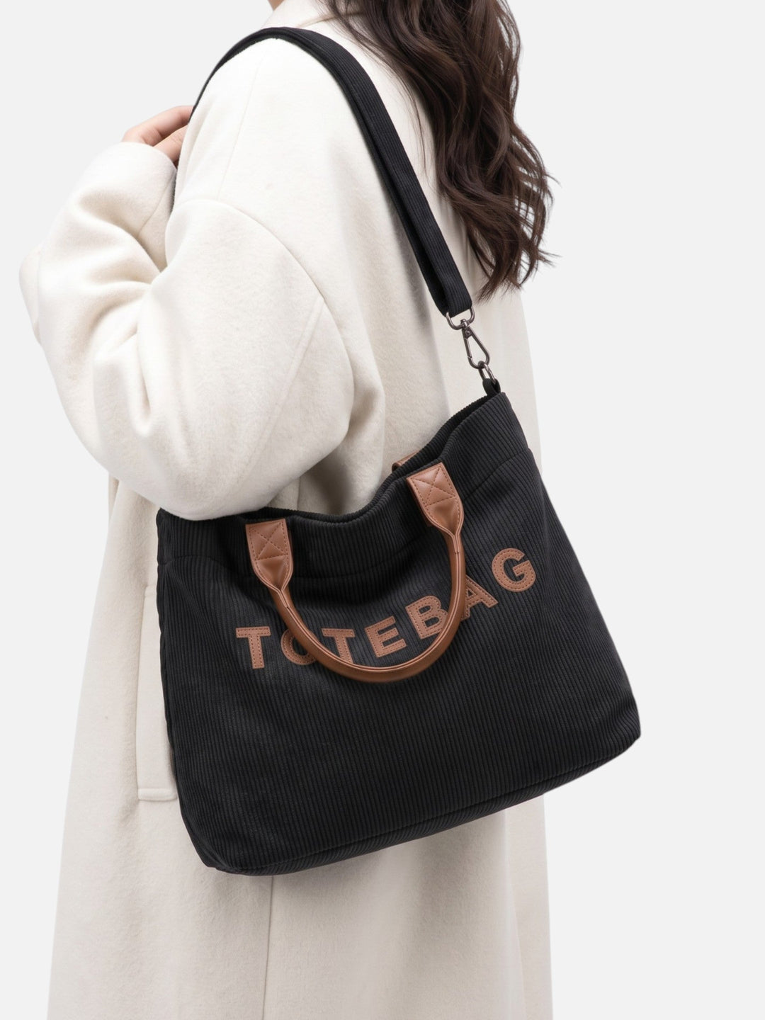Women's Corduroy Lettering Tote Bag