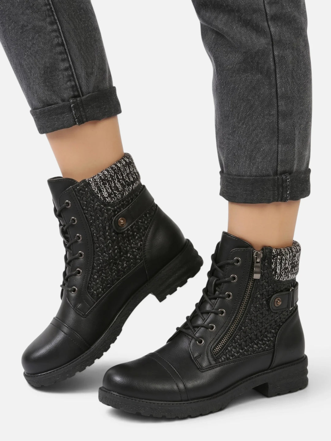 Women's Leather Combat Boots with Knit Panel
