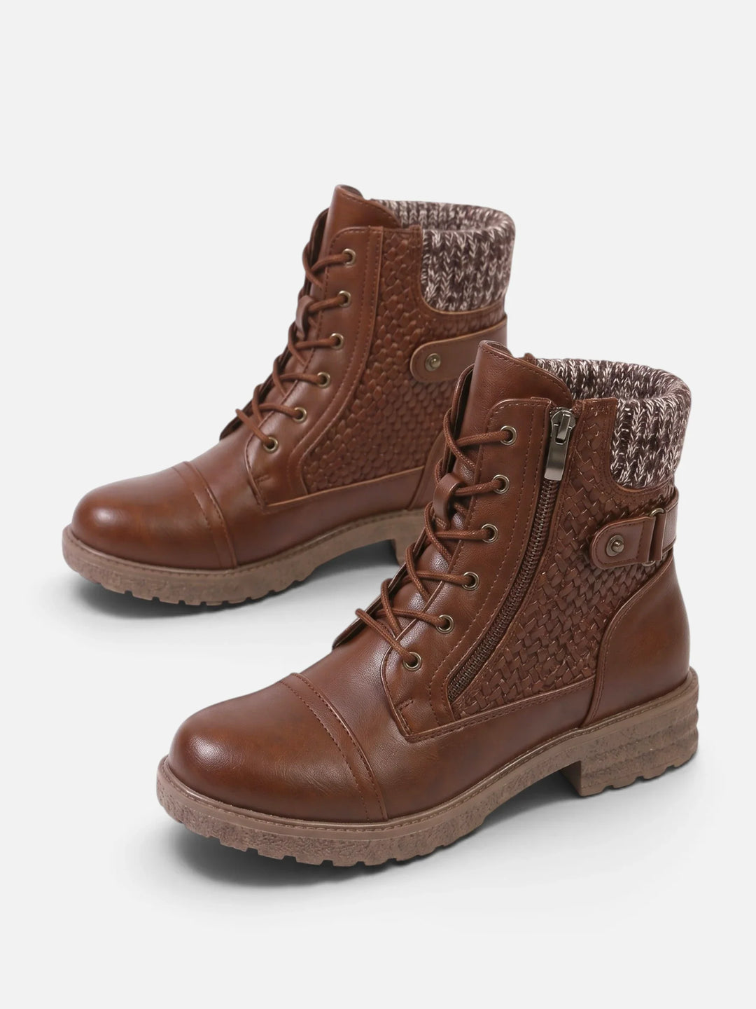 Women's Leather Combat Boots with Knit Panel