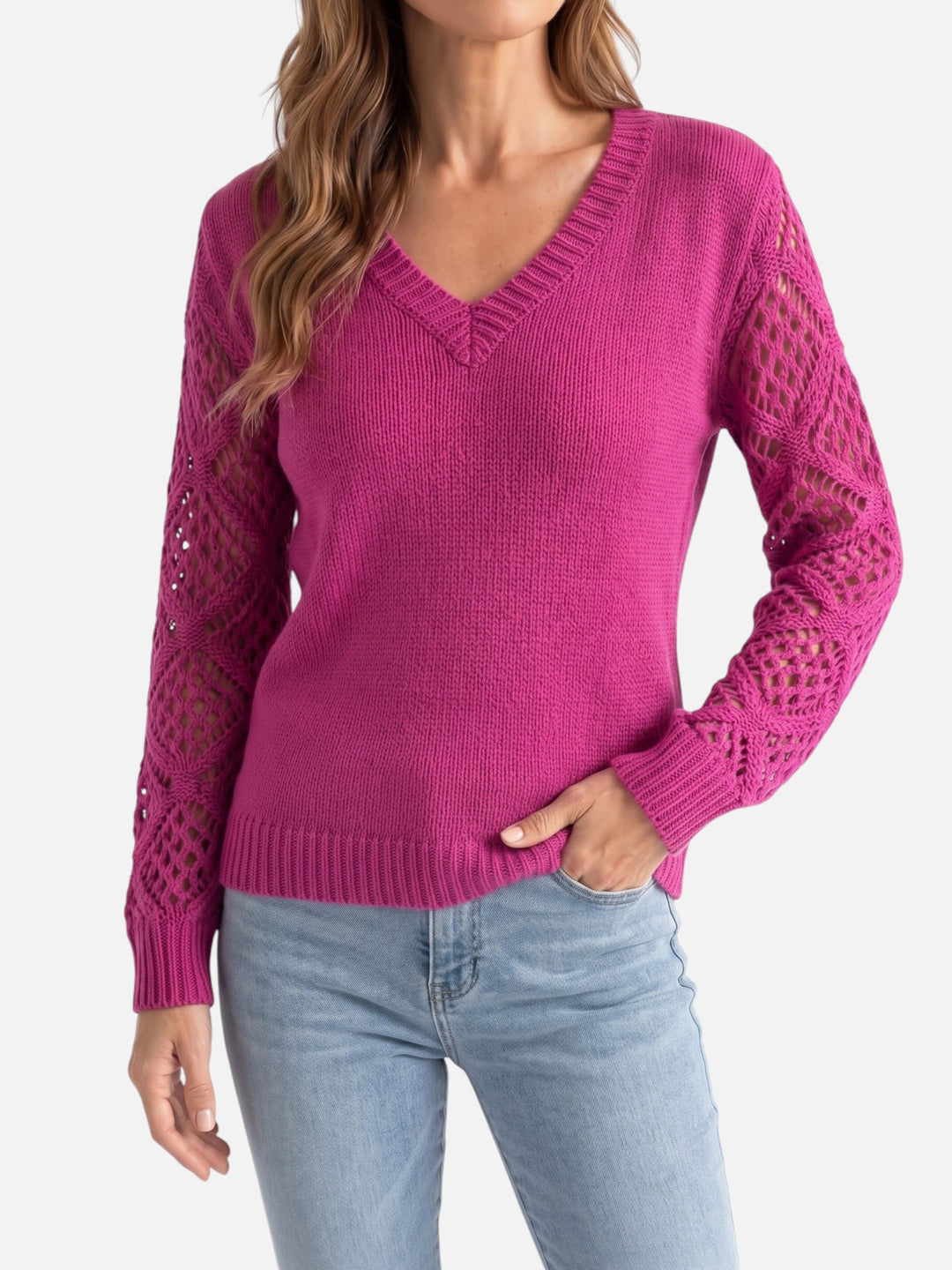 Women's V-Neck Crochet-Style Knit Sweater