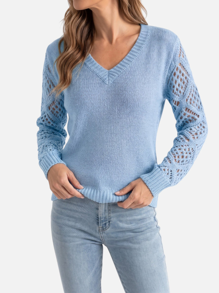 Women's V-Neck Crochet-Style Knit Sweater