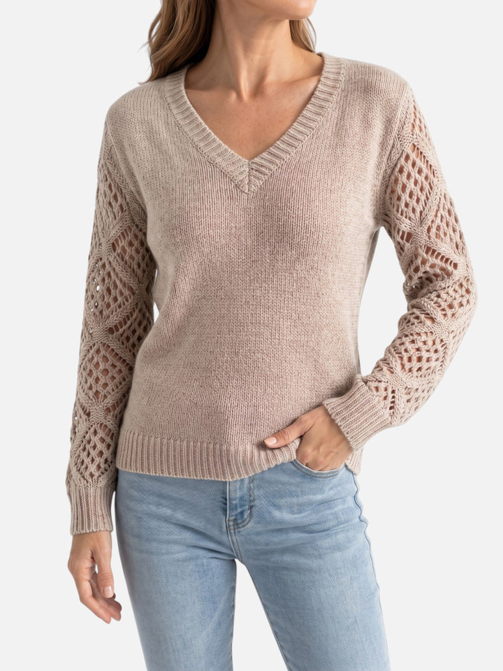 Women's V-Neck Crochet-Style Knit Sweater