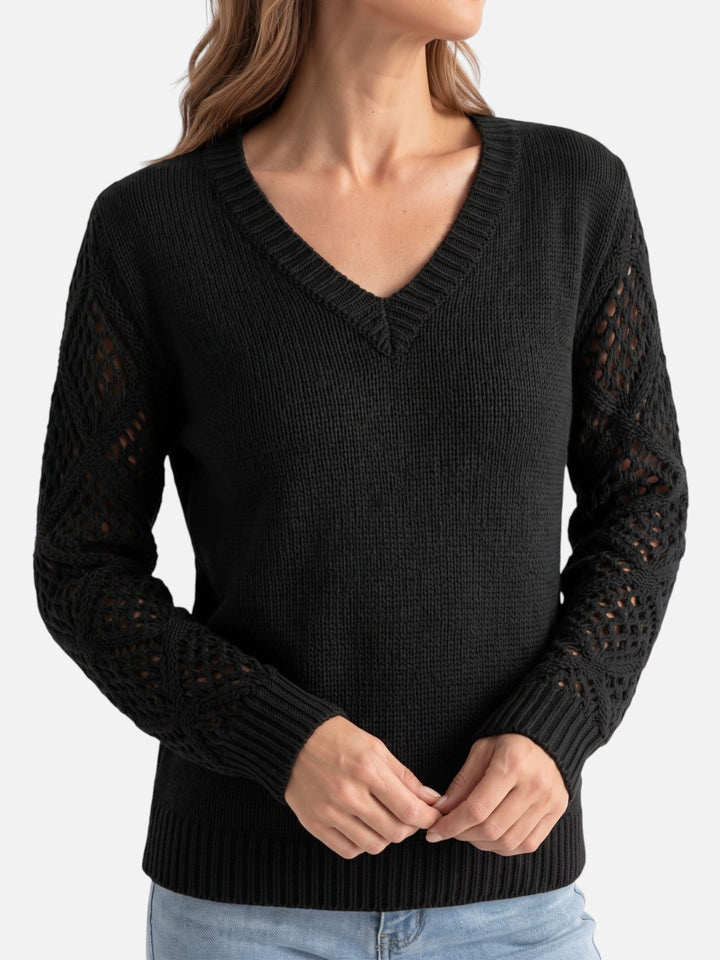 Women's V-Neck Crochet-Style Knit Sweater