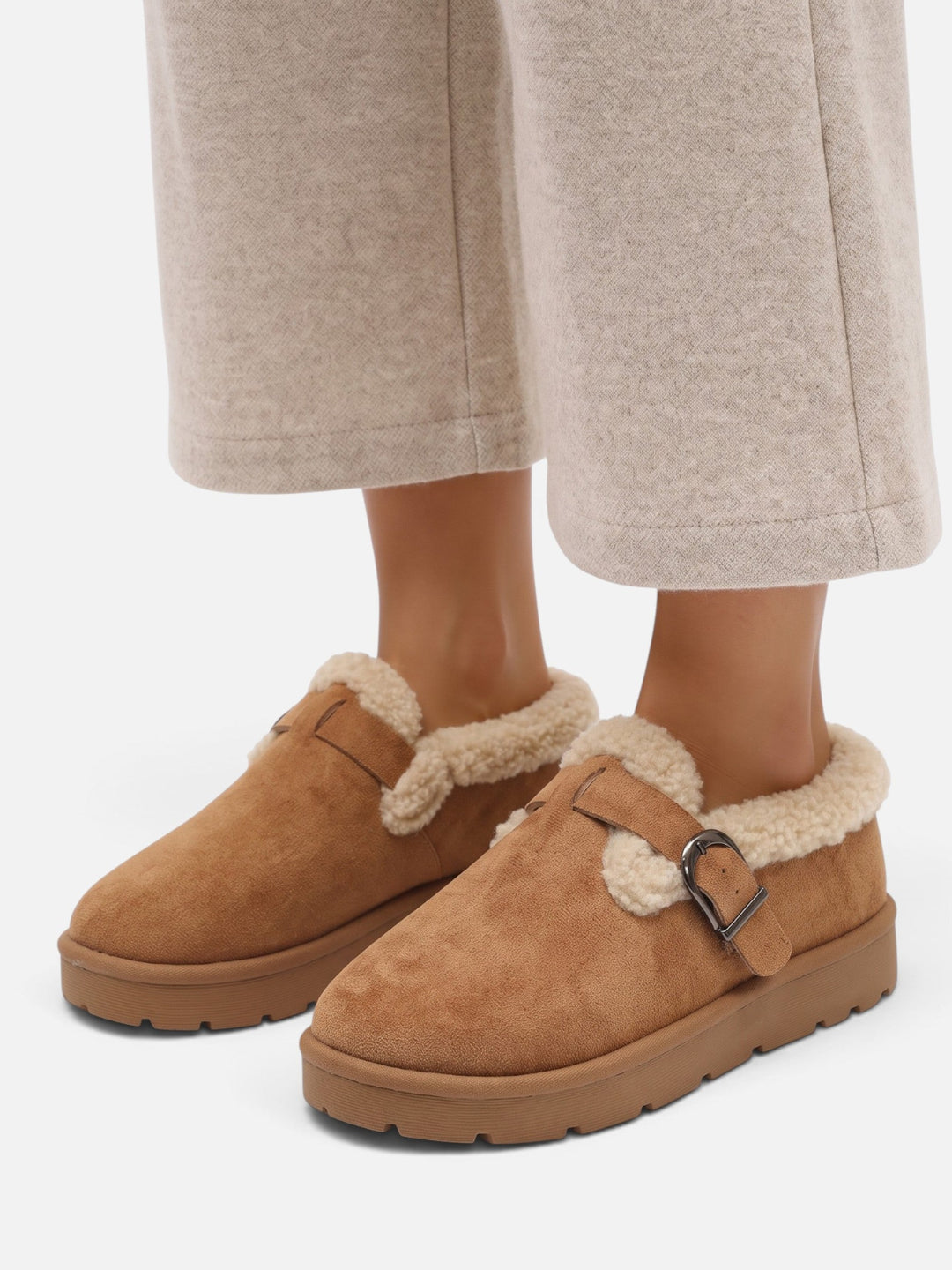 Women's Faux Suede Sherpa Clogs with Buckle