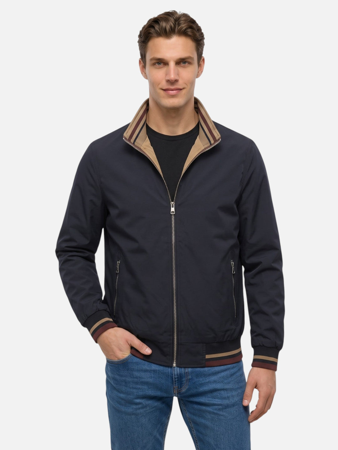 Men's Striped Zip-Up Harrington Jacket