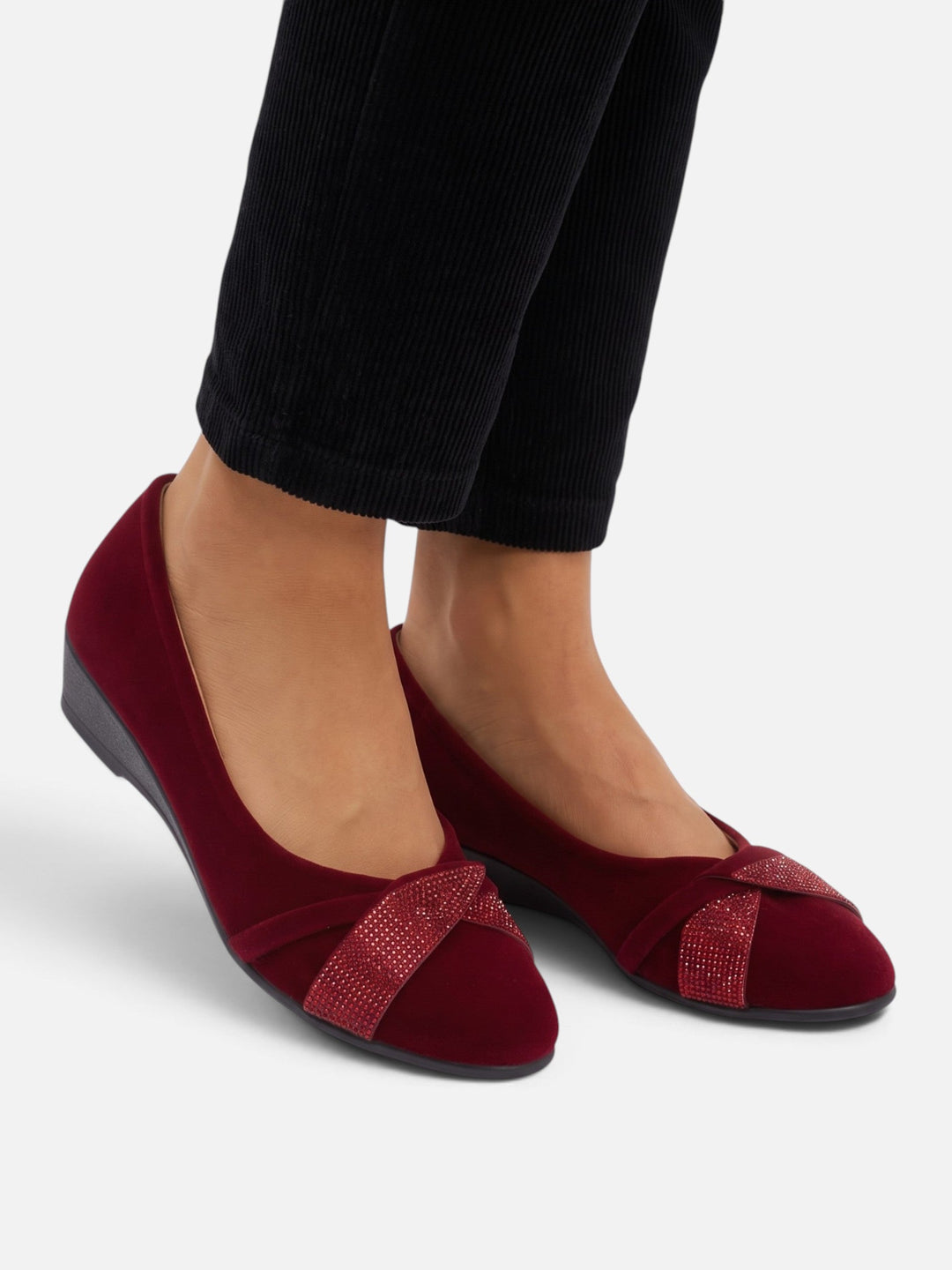 Women's Faux Suede Ballet Flats with Rhinestone Bow