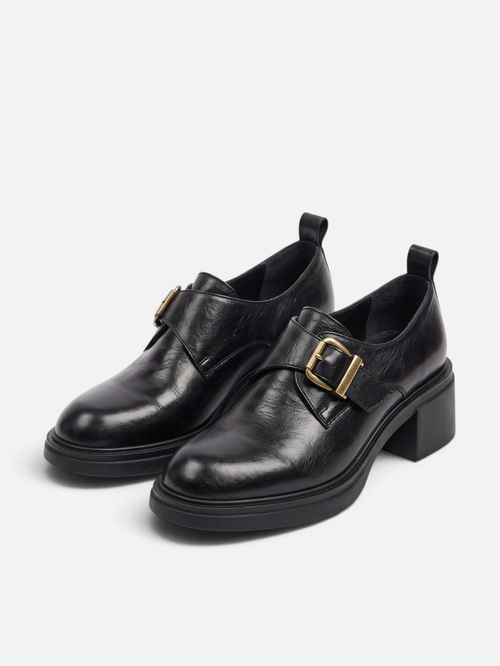 Women's Leather Buckle Loafers with Block Heel
