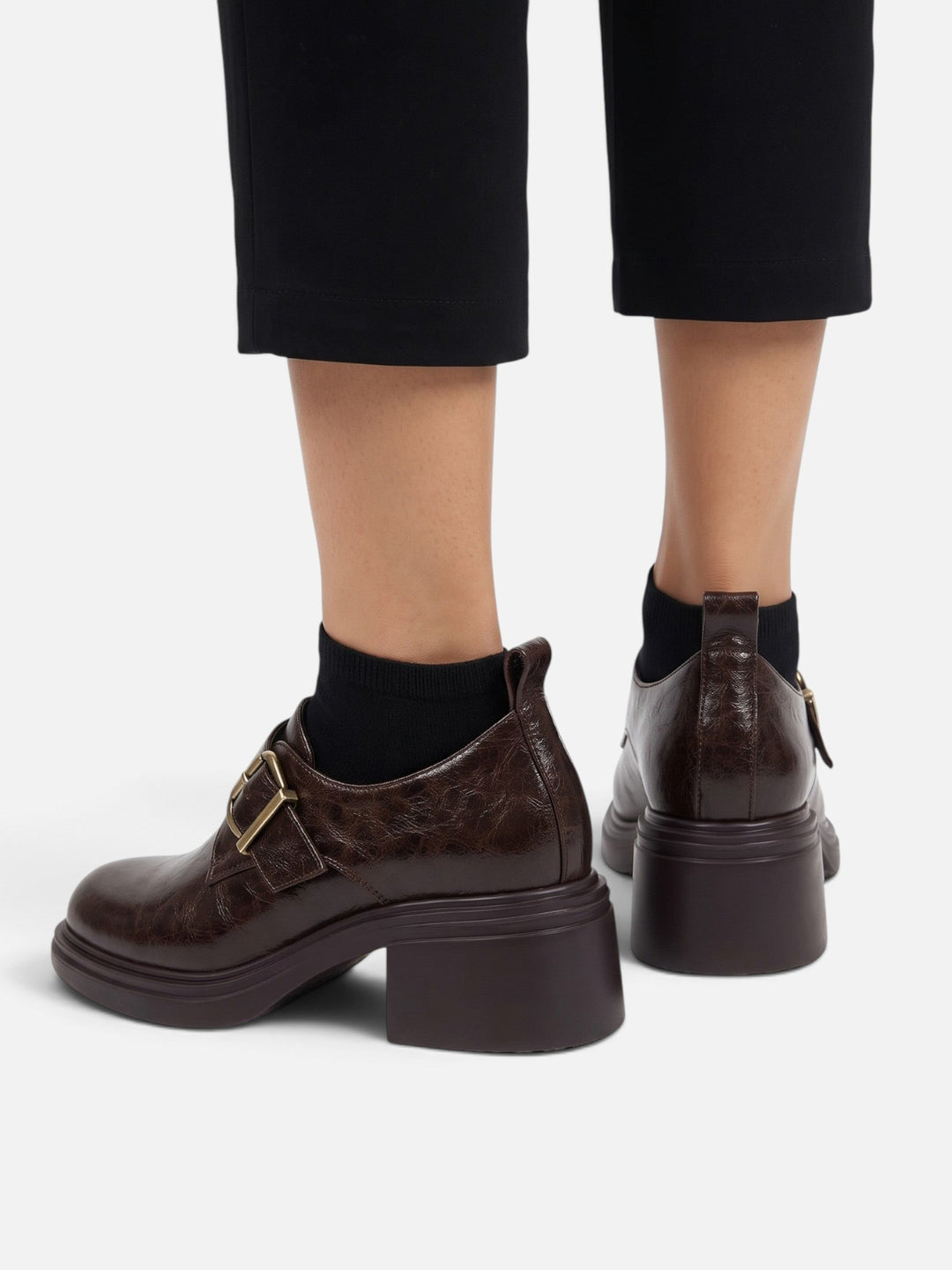Women's Leather Buckle Loafers with Block Heel