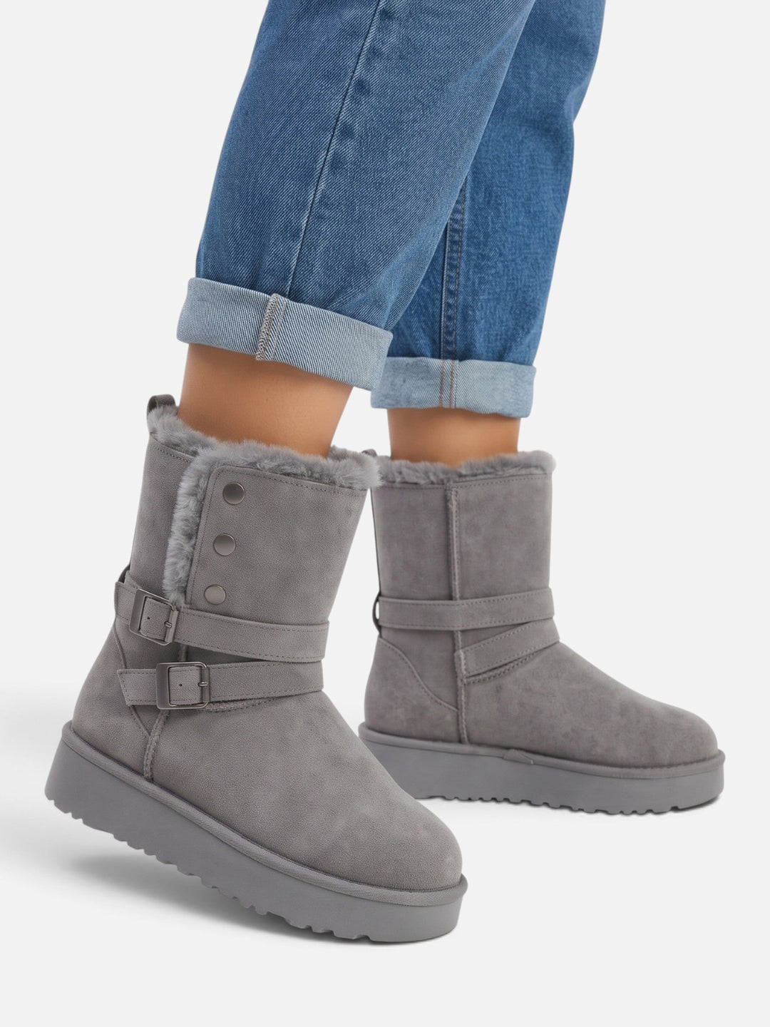 Women's Faux Suede Buckle Ankle Boots with Faux Fur