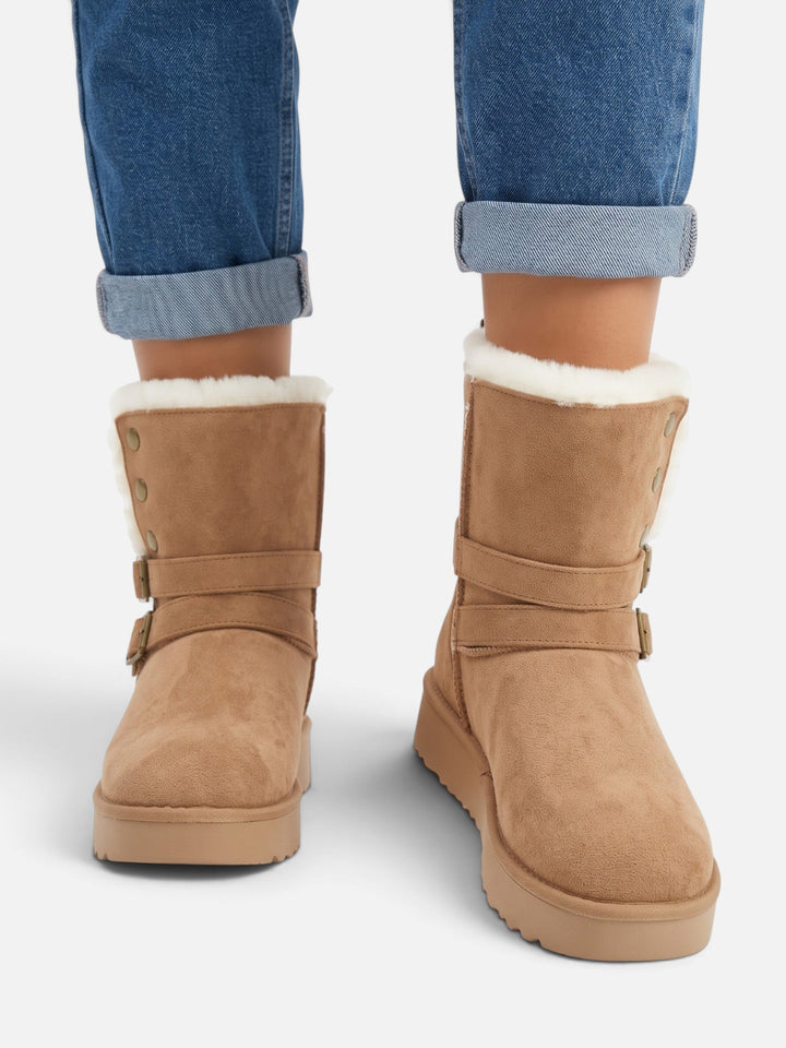 Women's Faux Suede Buckle Ankle Boots with Faux Fur