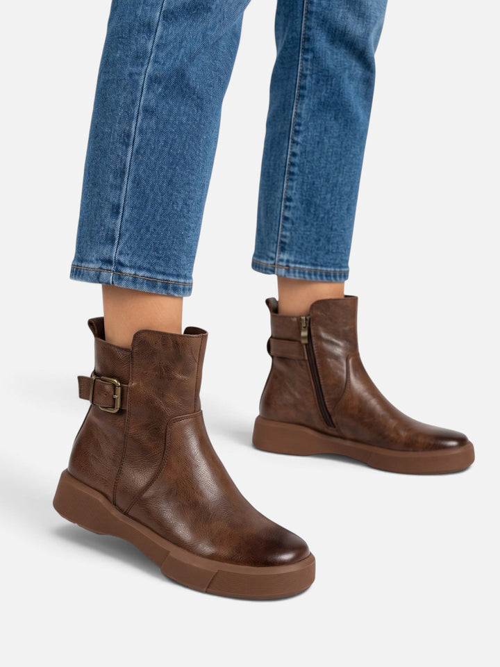 Women's Leather Buckle Ankle Boots with Chunky Sole