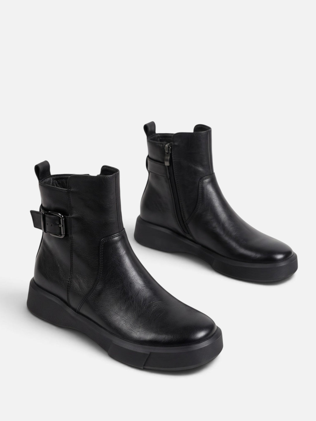 Women's Leather Buckle Ankle Boots with Chunky Sole