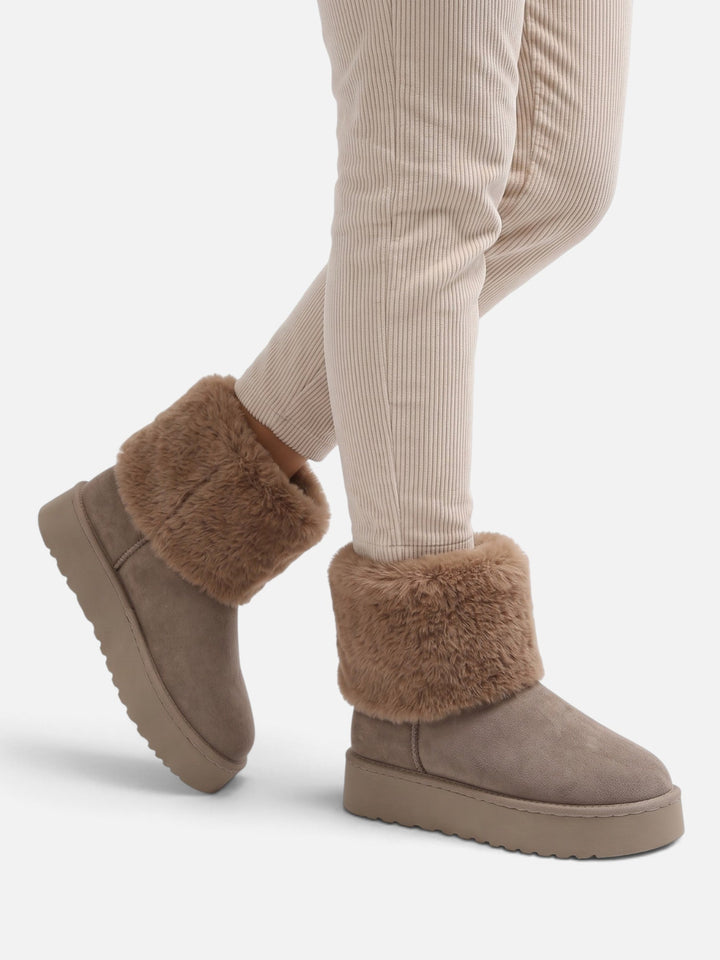 Women's Faux Suede Platform Ankle Boots with Faux Fur Cuff
