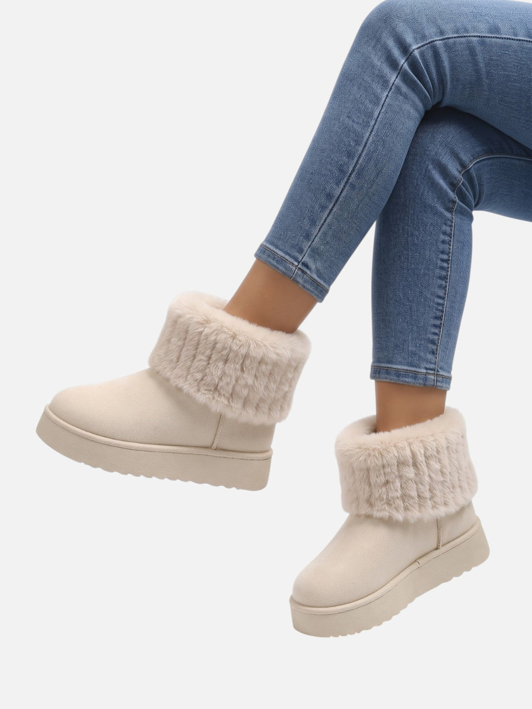 Women's Faux Suede Platform Ankle Boots with Faux Fur Cuff