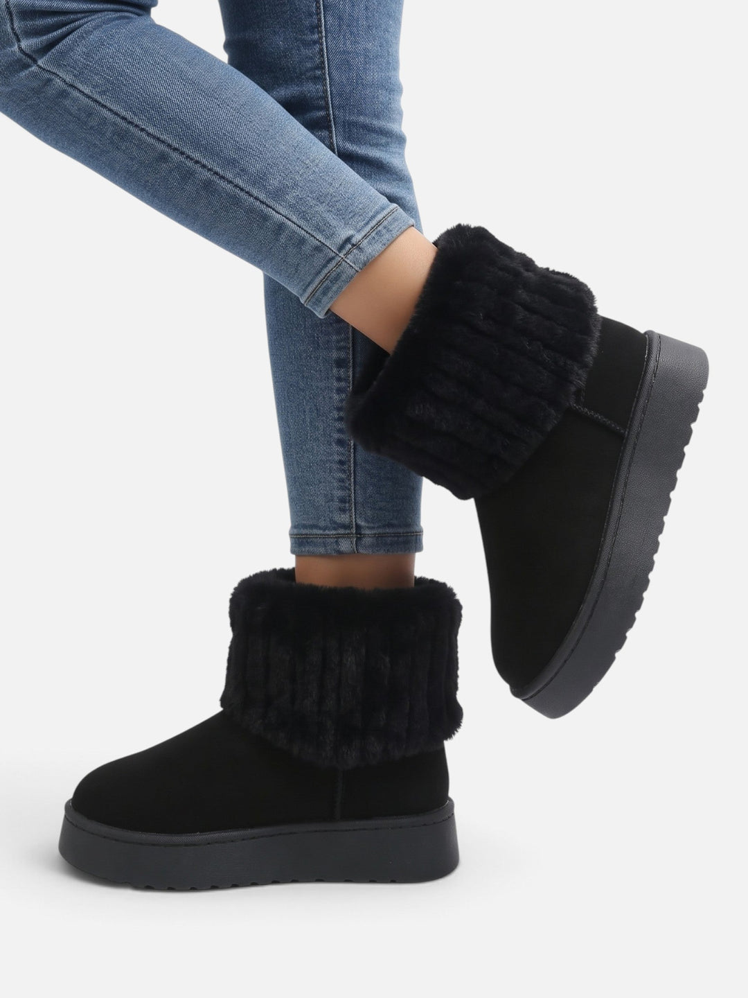 Women's Faux Suede Platform Ankle Boots with Faux Fur Cuff