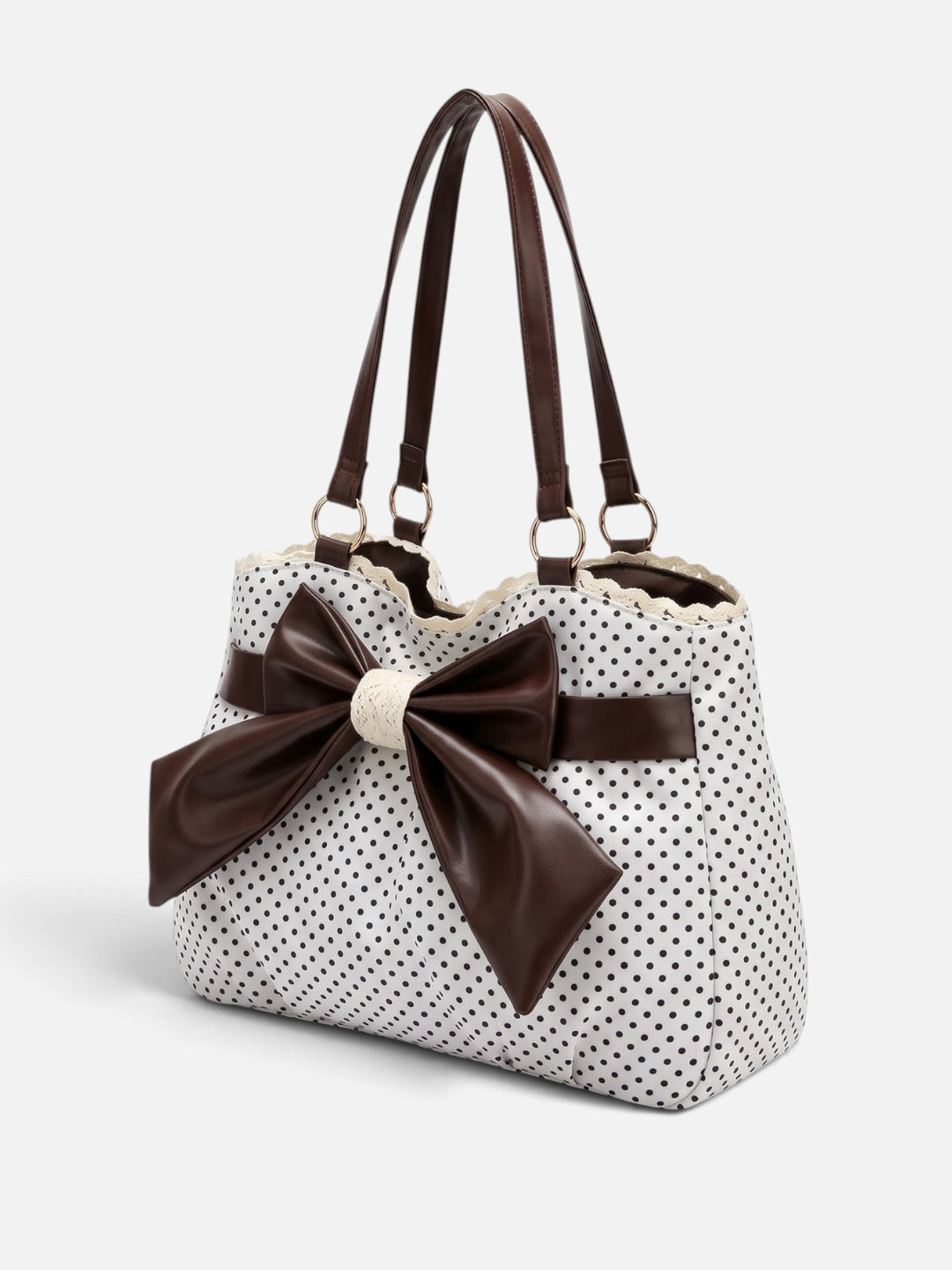 Women's Polka Dot Tote Bag with Bow and Lace Trim