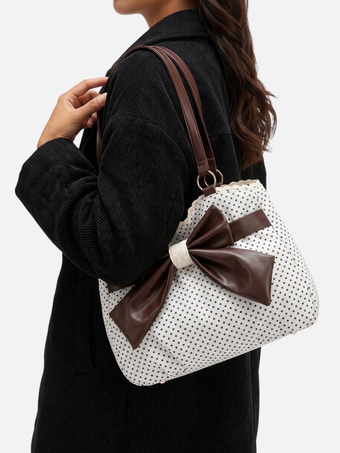 Women's Polka Dot Tote Bag with Bow and Lace Trim