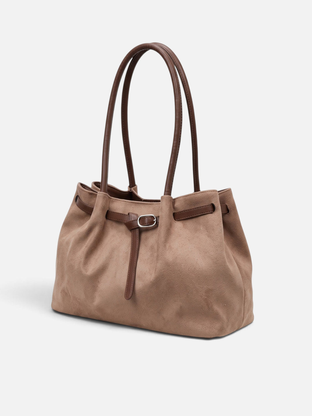 Women's Faux Suede Shoulder Tote with Buckle Belt Detail
