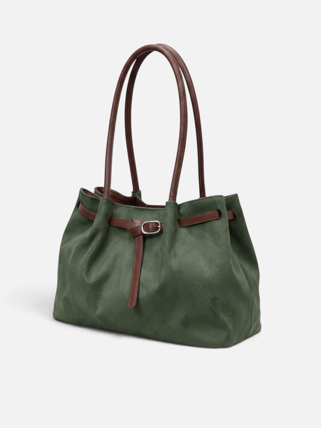 Women's Faux Suede Shoulder Tote with Buckle Belt Detail